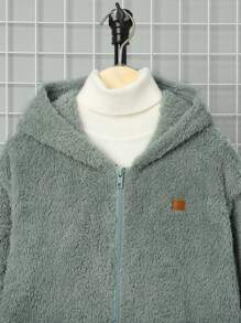 SHEIN 男大童補丁貼連帽毛絨夾克無毛衣 - 薄荷綠 - 查看 5