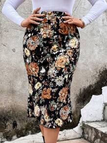 SHEIN Clasi Plus Floral Print High Waist Skirt - Multicolor - View 1