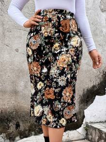 SHEIN Clasi Plus Floral Print High Waist Skirt - Multicolor - View 5