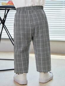 SHEIN Baby Boys' Sports Style Plaid Slant Pocket Embroidered Long Pants