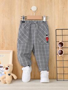 SHEIN Baby Boys' Sports Style Plaid Slant Pocket Embroidered Long Pants