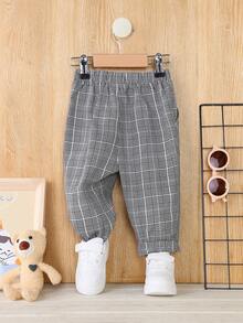 SHEIN Baby Boys' Sports Style Plaid Slant Pocket Embroidered Long Pants