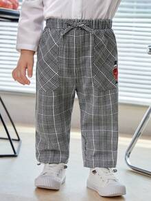 SHEIN Baby Boys' Sports Style Plaid Slant Pocket Embroidered Long Pants