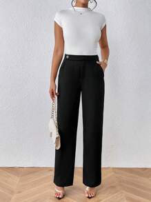 SHEIN Essnce 高腰直筒西裝褲 - 黑色 - 查看 5