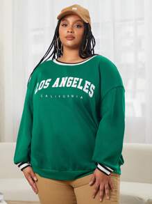 SHEIN CURVE+ Plus Letter Graphic Striped Trim Drop Shoulder Sweatshirt - Green - View 5