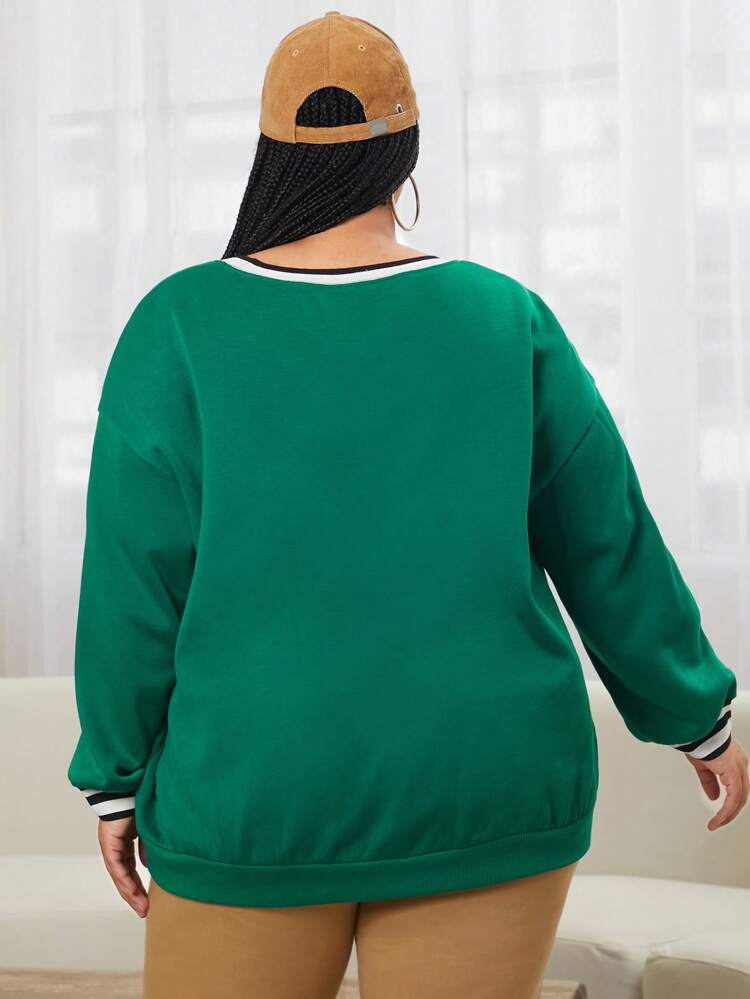 Plus Letter Graphic Striped Trim Drop Shoulder Sweatshirt