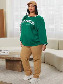 SHEIN CURVE+ Plus Letter Graphic Striped Trim Drop Shoulder Sweatshirt - Green - View 3