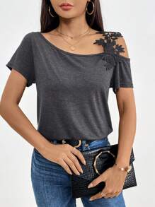 SHEIN Clasi 貼花不對稱領T恤 - 灰色 - 查看 2