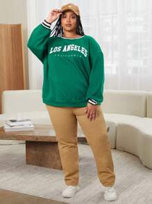 SHEIN CURVE+ Plus Letter Graphic Striped Trim Drop Shoulder Sweatshirt - Green - View 4
