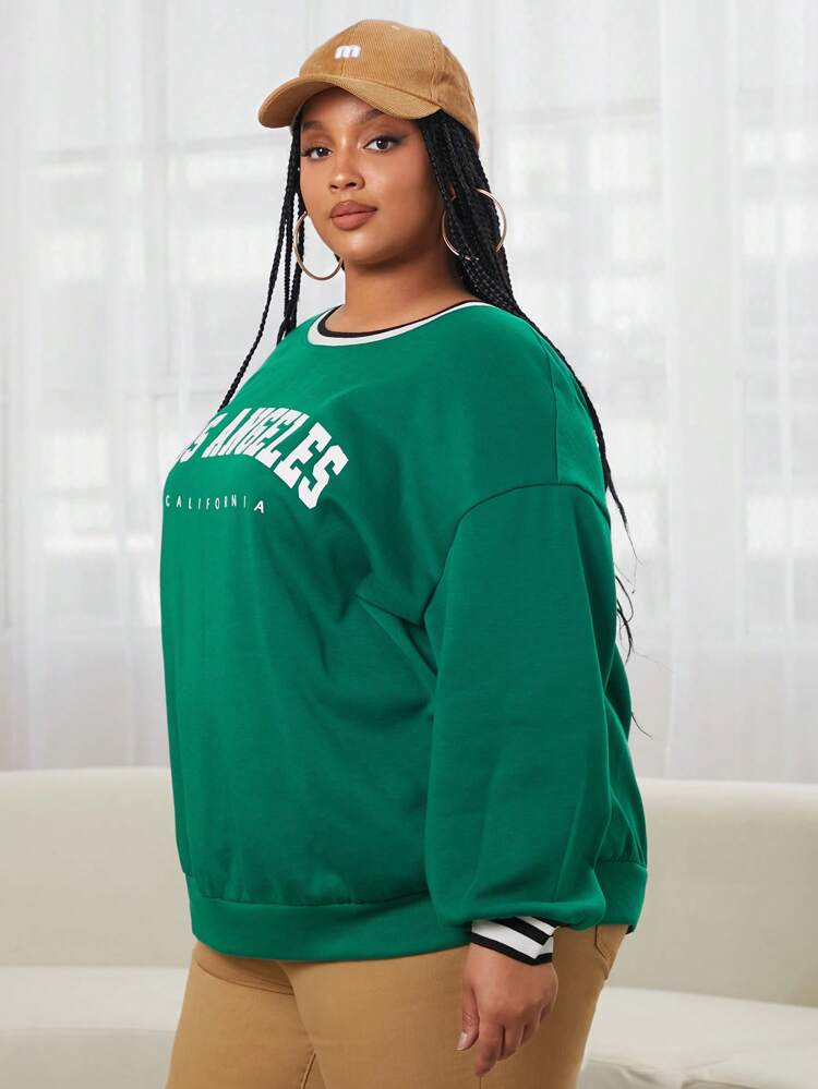 Plus Letter Graphic Striped Trim Drop Shoulder Sweatshirt
