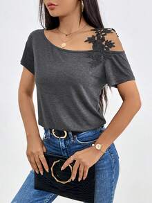 SHEIN Clasi 貼花不對稱領T恤 - 灰色 - 查看 5