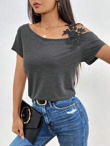 SHEIN Clasi 貼花不對稱領T恤 - 灰色 - 查看 4
