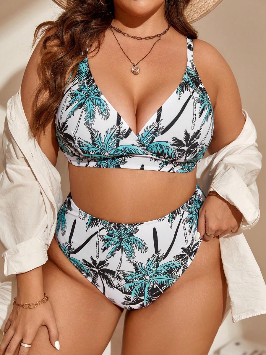 Plus Tropical Print Bikini Set - Multicolor - View 1