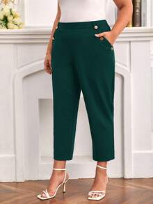 SHEIN Frenchy Hơn Chi tiết Nút Túi nghiêng Quần - Màu xanh lá cây đậm - Xem 3