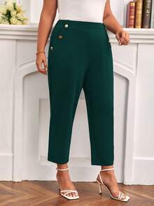 SHEIN Frenchy Hơn Chi tiết Nút Túi nghiêng Quần - Màu xanh lá cây đậm - Xem 4