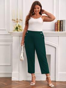 SHEIN Frenchy Hơn Chi tiết Nút Túi nghiêng Quần - Màu xanh lá cây đậm - Xem 5