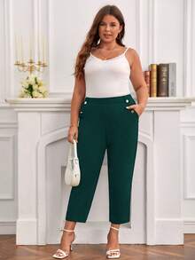 SHEIN Frenchy Hơn Chi tiết Nút Túi nghiêng Quần - Màu xanh lá cây đậm - Xem 6