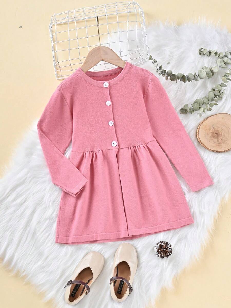 SHEIN Young Girl Button Front Smock Dress - Pink - View 1