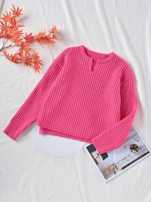 SHEIN Tween Girl Notched Neck Ribbed Knit Jumper - Hot Pink - View 1