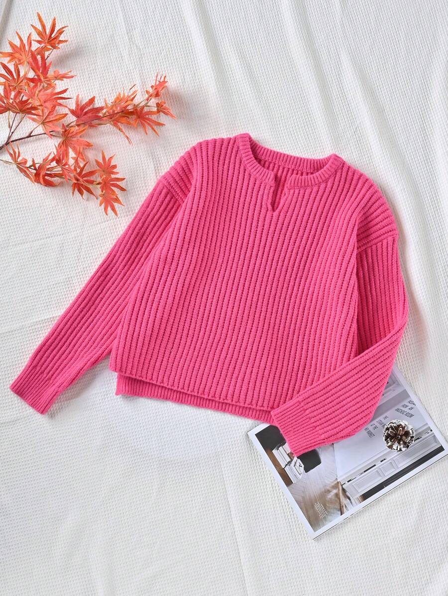SHEIN Tween Girl Notched Neck Ribbed Knit Jumper - Hot Pink - View 1