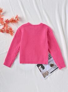 SHEIN Tween Girl Notched Neck Ribbed Knit Jumper - Hot Pink - View 2