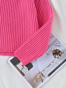 SHEIN Tween Girl Notched Neck Ribbed Knit Jumper - Hot Pink - View 3