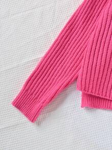 SHEIN Tween Girl Notched Neck Ribbed Knit Jumper - Hot Pink - View 5