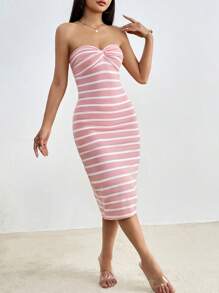 SHEIN Privé Striped Twist Front Tube Bodycon Dress - Pink - View 2