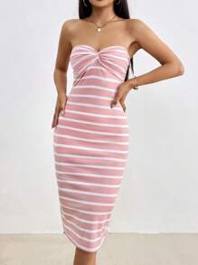 SHEIN Privé Striped Twist Front Tube Bodycon Dress - Pink - View 5