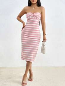 SHEIN Privé Striped Twist Front Tube Bodycon Dress - Pink - View 6