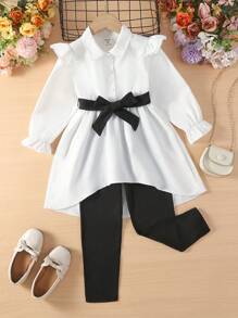 SHEIN Young Girl Ruffle Trim Flare Sleeve High Low Hem Blouse & Leggings - Black and White - View 1