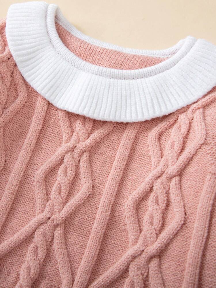 Baby Girl Contrast Trim Cable Knit Sweater