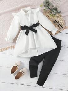 SHEIN Young Girl Ruffle Trim Flare Sleeve High Low Hem Blouse & Leggings - Black and White - View 7