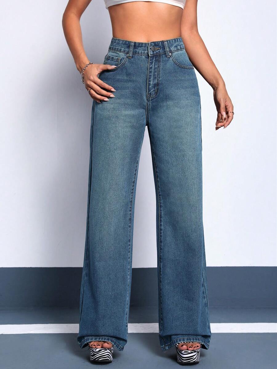 SHEIN ICON High Waist Wide Leg Jeans - Blue - View 1