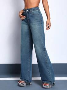 SHEIN ICON High Waist Wide Leg Jeans - Blue - View 3