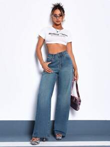 SHEIN ICON High Waist Wide Leg Jeans - Blue - View 4