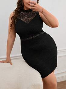 SHEIN Privé Hơn Ren tương phản Cổ giả Đầm - màu đen - Xem 3