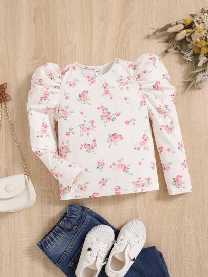 SHEIN Tricou cu tricot cu mâneci lungi cu mânecă gigot, tricotat cu model floral pentru fetiță