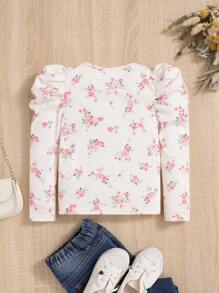 SHEIN Young Girl Floral Pattern Knitted Round Neck Long Gigot Sleeve Ribbed T-Shirt - Multicolor - View 2