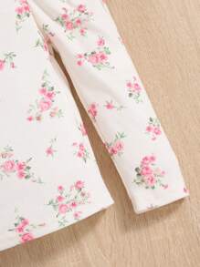 SHEIN Young Girl Floral Pattern Knitted Round Neck Long Gigot Sleeve Ribbed T-Shirt - Multicolor - View 3