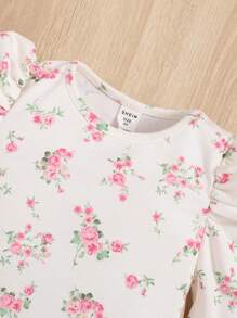 SHEIN Young Girl Floral Pattern Knitted Round Neck Long Gigot Sleeve Ribbed T-Shirt - Multicolor - View 4