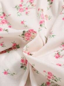 SHEIN Young Girl Floral Pattern Knitted Round Neck Long Gigot Sleeve Ribbed T-Shirt - Multicolor - View 5