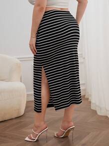 SHEIN Essnce 大碼條紋圖案前扭結半身裙 - 黑與白 - 查看 2