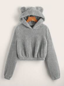 SHEIN EZwear Solid 3D Ear Design Teddy Hoodie In Fall/Winter