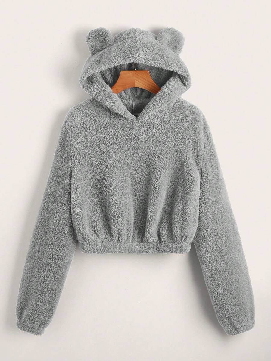 SHEIN EZwear Solid 3D Ear Design Teddy Hoodie In Fall/Winter