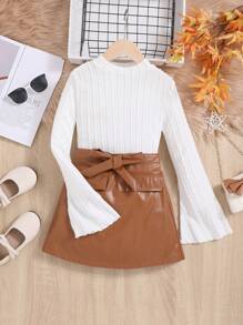 SHEIN Tween Girl Flare Sleeve Tee & Belted PU Skirt - Multicolor - View 1