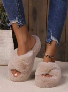 New Plush Slippers Autumn/Winter Outdoor Wear, Fluffy Thick Bottom Cute Ins Style Slip-On Cozy Warm Cross Strap Flat Open Toe Slippers For Women,Furry Shoes - Khaki - View 1