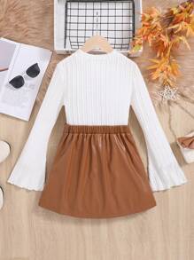 SHEIN Tween Girl Flare Sleeve Tee & Belted PU Skirt - Multicolor - View 2