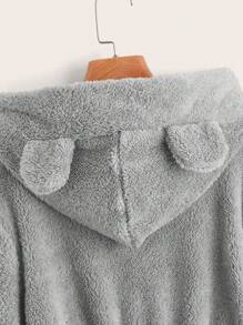 SHEIN EZwear Solid 3D Ear Design Teddy Hoodie In Fall/Winter