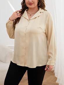 SHEIN Essnce Hơn Chất rắn Nút phía trước Áo sơ mi - Màu be - Xem 3